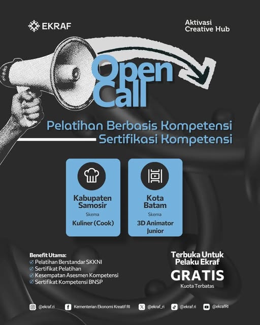 Kemenekraf Buka Pelatihan Kuliner dan Animasi 3D Gratis, Daftar Sebelum 15 Oktober 2026