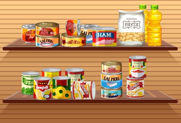 Free vector many different canned foods or processed food on wall shelves