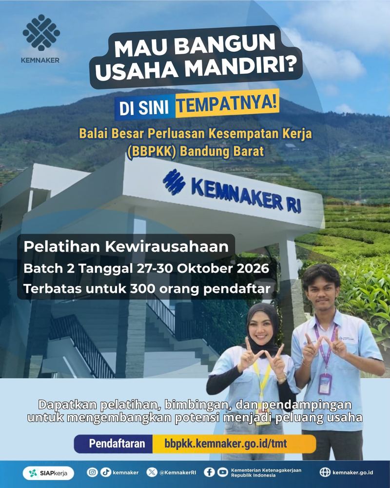 Kemnaker Buka Pelatihan Kewirausahaan Gratis Batch 2 2026 di Lembang, 300 Peserta