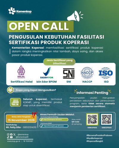 Kemenkop Buka Fasilitasi Sertifikasi Produk Koperasi 2026, Ajukan hingga 15 November